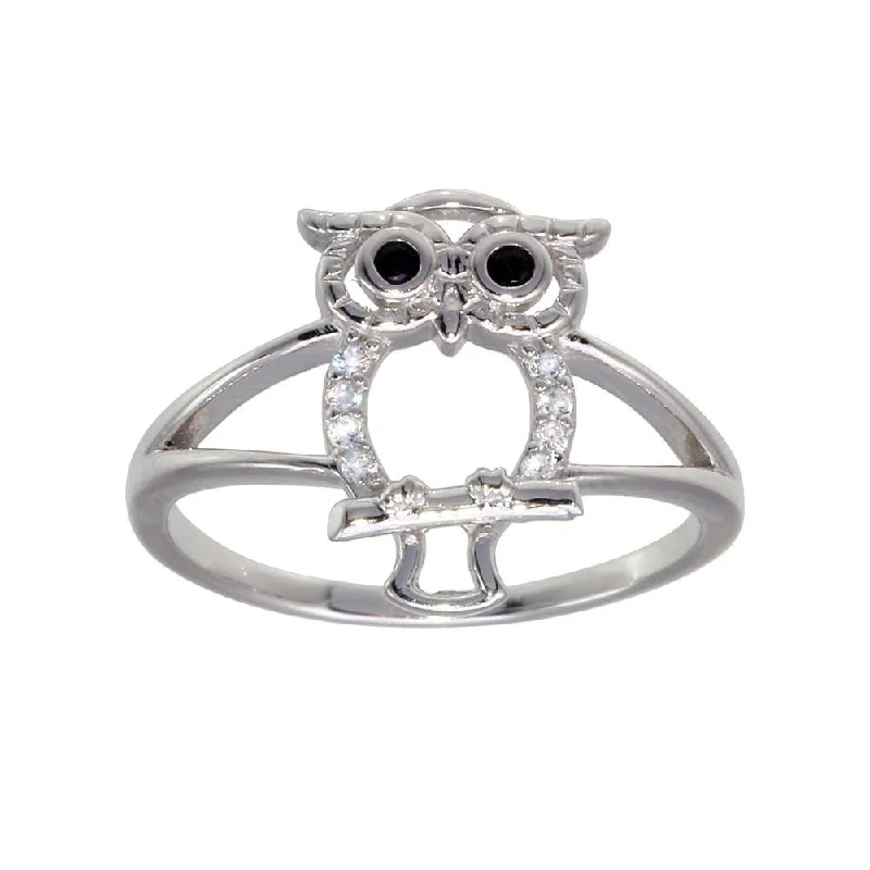 ladies ring engraved love message-Rhodium Plated 925 Sterling Silver Owl Ring - GMR00300