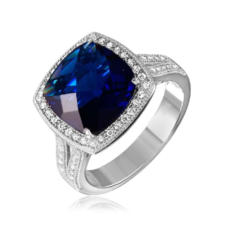 ladies ring striking hematite-Silver 925 Rhodium Plated Square Halo Blue CZ Ring with Micro Pave Stones - GMR00090S