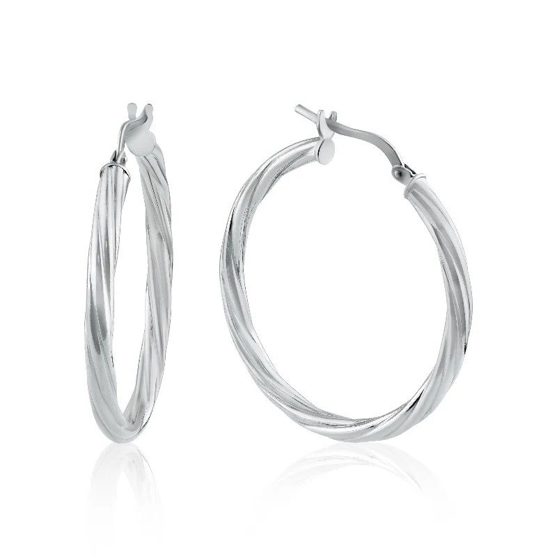 ladies-luxury-earrings-Rhodium Plated 925 Sterling Silver Silver Twisted 3mm Hoop Earring - ARE00028RH