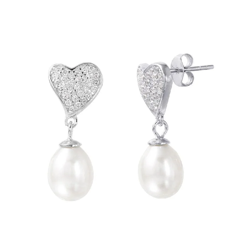 ladies-pearl-earrings-Silver 925 Rhodium Plated Heart Synthetic Pearl Pave CZ Dangling Stud Earrings - STE01003