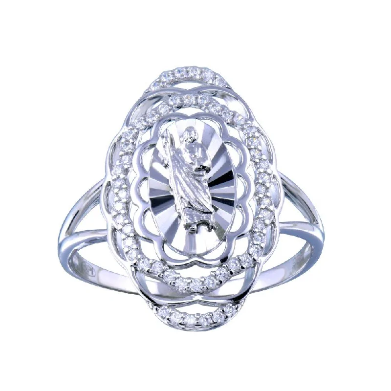 ladies ring name engraved band-Rhodium Plated 925 Sterling Silver Saint Jude CZ Filigree Ring - GMR00338