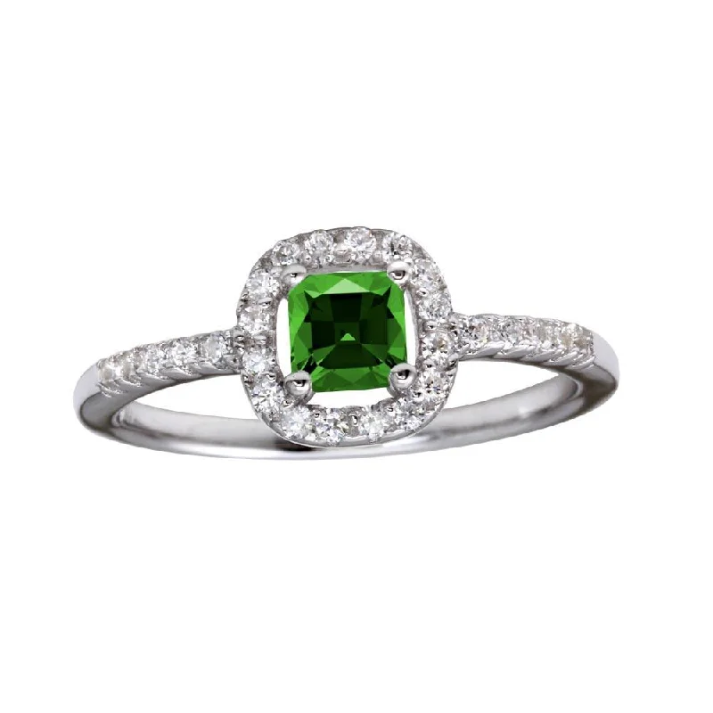 ladies ring christmas chalcedony-Rhodium Plated 925 Sterling Silver Square Clear and Green CZ Center Stone Ring - BGR01222GRN