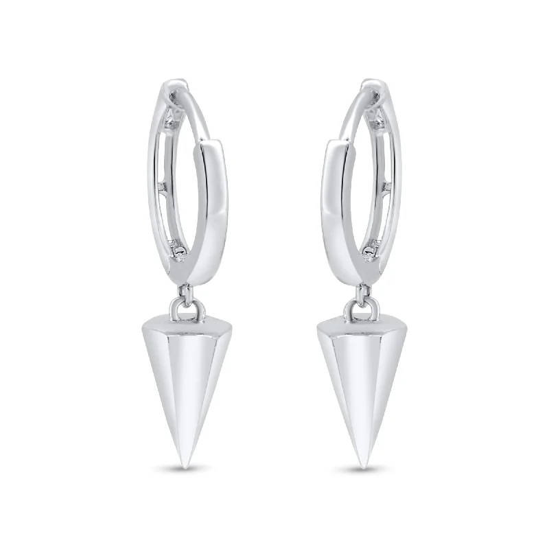 ladies-classic-gold-earrings-Rhodium Plated 925 Sterling Silver Punk Spikes 11mm Hoop Huggie Earrings - GME00145