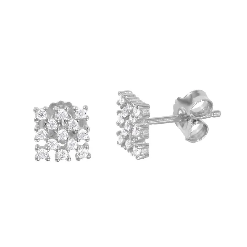 ladies-birthstone-pearl-earrings-Silver 925 Rhodium Plated Small Square Checkered CZ Stud Earrings - ACE00078RH