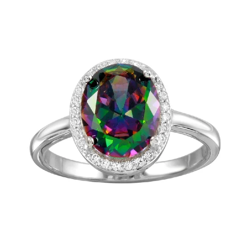 ladies ring graceful wave pattern-Rhodium Plated 925 Sterling Silver Oval Halo Mystic Topaz CZ Ring - BGR01269