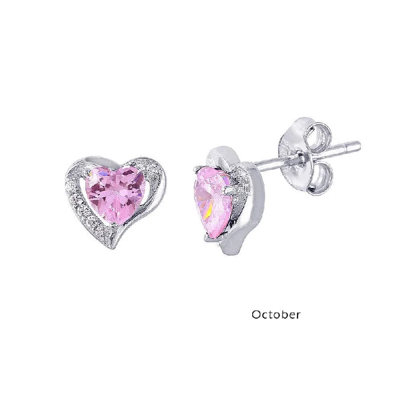 ladies-party-rose-gold-earrings-Rhodium Plated 925 Sterling Silver Heart with Birthstone Center Stud Earrings October - STE01028-OCT