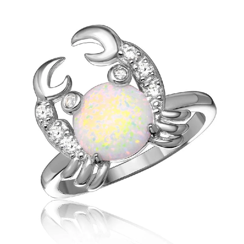 ladies ring sunny chalcedony-Silver 925 Rhodium Plated Hanging Crab Design Ring with Synthetic Opal and CZ - BGR01051