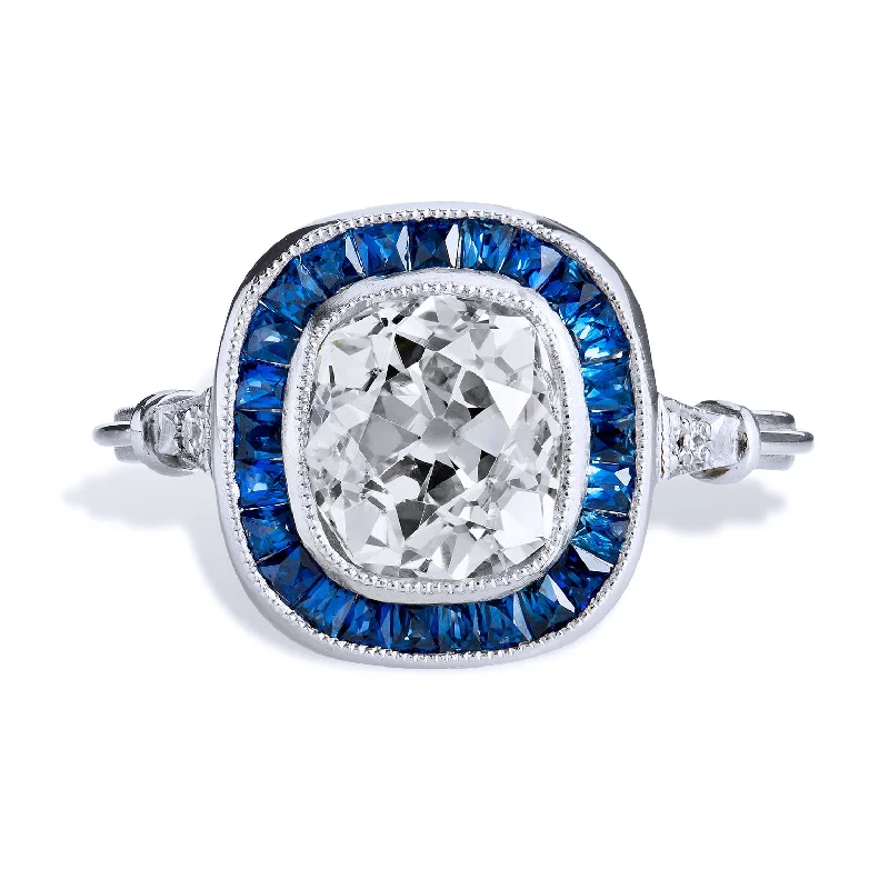 engagement-eternity-gold-ring-1.96 Carat Old Mine Cushion Cut Diamond and Sapphire Engagement Ring