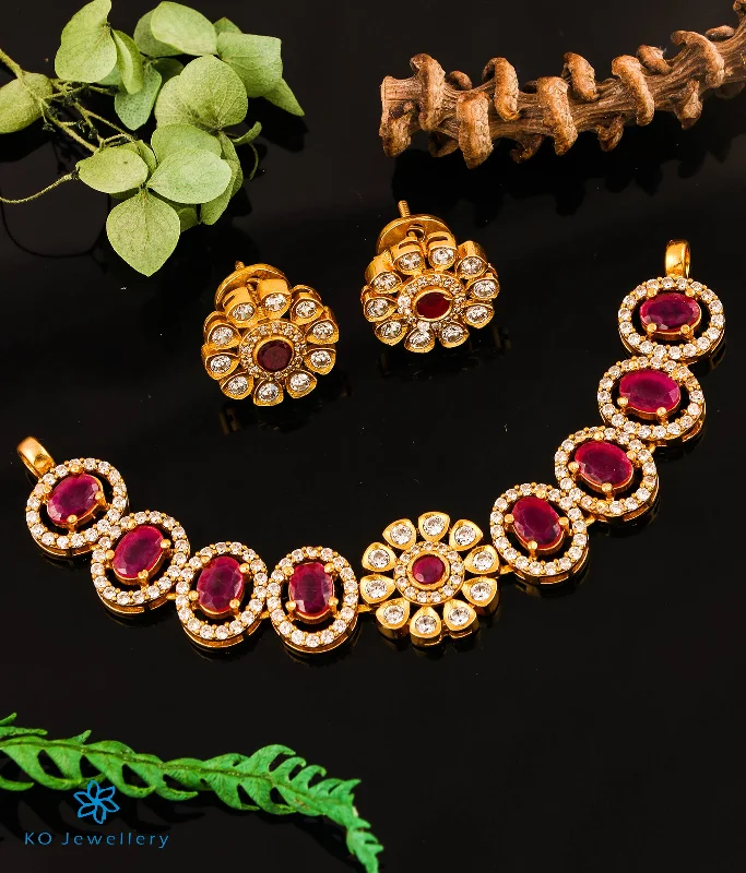 ladies-delicate-gold-earrings-The Victorian Silver Choker Necklace & Earrings (Red)