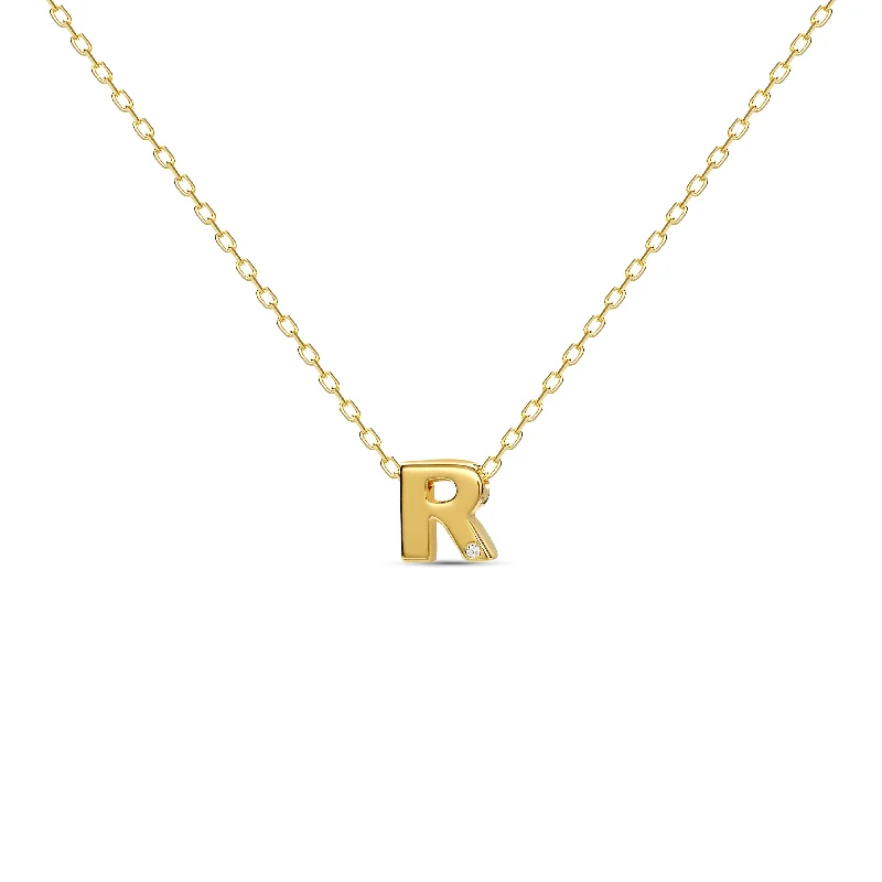 ladies-long-silver-necklace-Diamond Letter Necklace "R" - 18 karat gold vermeil on sterling silver, diamond 0.01 carat