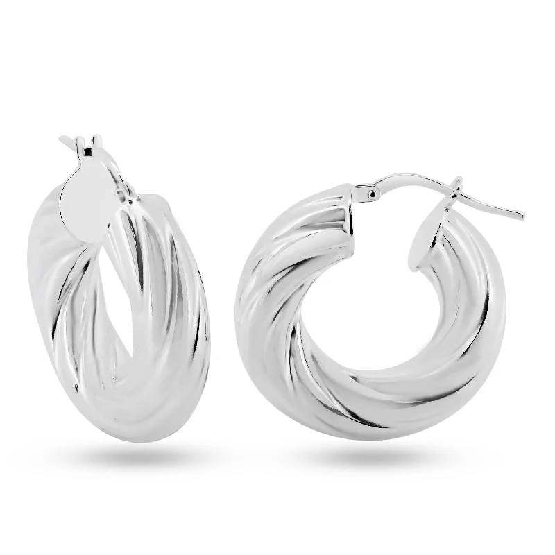 ladies-modern-dangle-earrings-Rhodium Plated 925 Sterling Silver Silver Twisted Inner Size 12mm Hoop Earrings - ARE00029