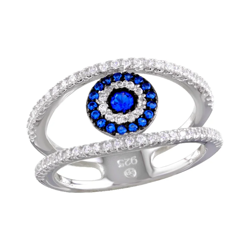 ladies ring floral petal design-Rhodium Plated 925 Sterling Silver Evil Eye Ring with CZ - BGR01163