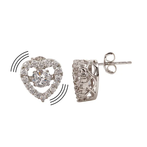 ladies-long-silver-earrings-Rhodium Plated 925 Sterling Silver Heart-Shaped Dancing CZ Stud Earrings - STE01147