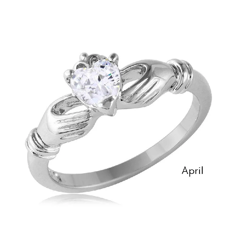 ladies ring winter snowflake-April Sterling Silver 925 Rhodium Plated CZ Center Birthstone Claddagh Ring - BGR01083APR