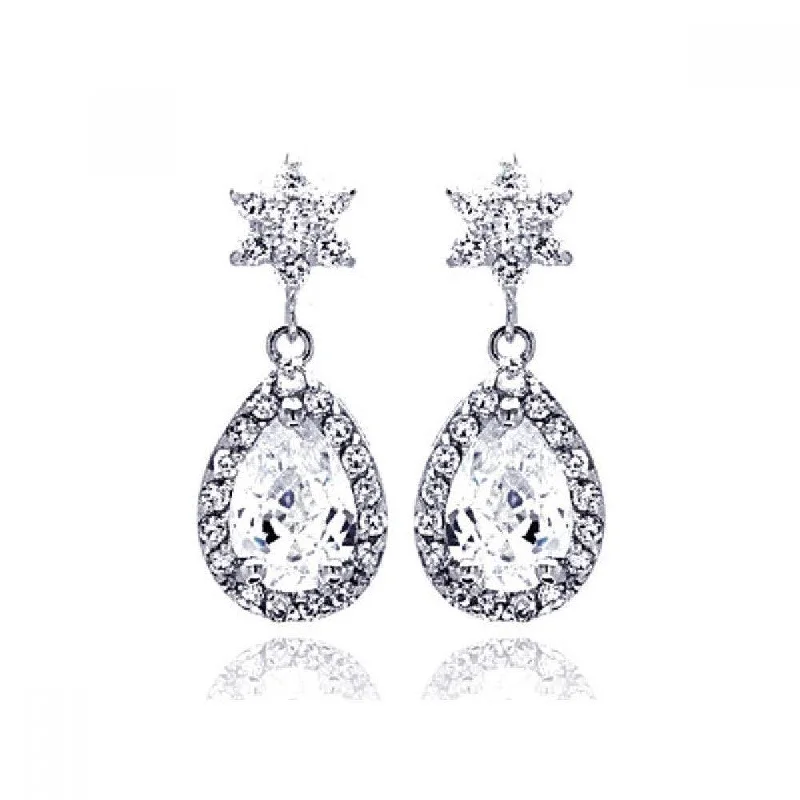 ladies-gift-silver-earrings-Silver 925 Rhodium Plated Star Teardrop Center Clear CZ Inlay Outline Dangling Stud Earrings - BGE00186