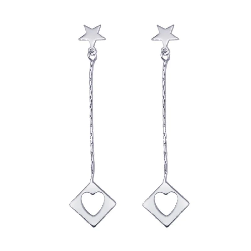 ladies-unique-silver-earrings-Silver 925 Rhodium Plated Wired Dangling Square Open Heart Stud Earrings - DSE00028