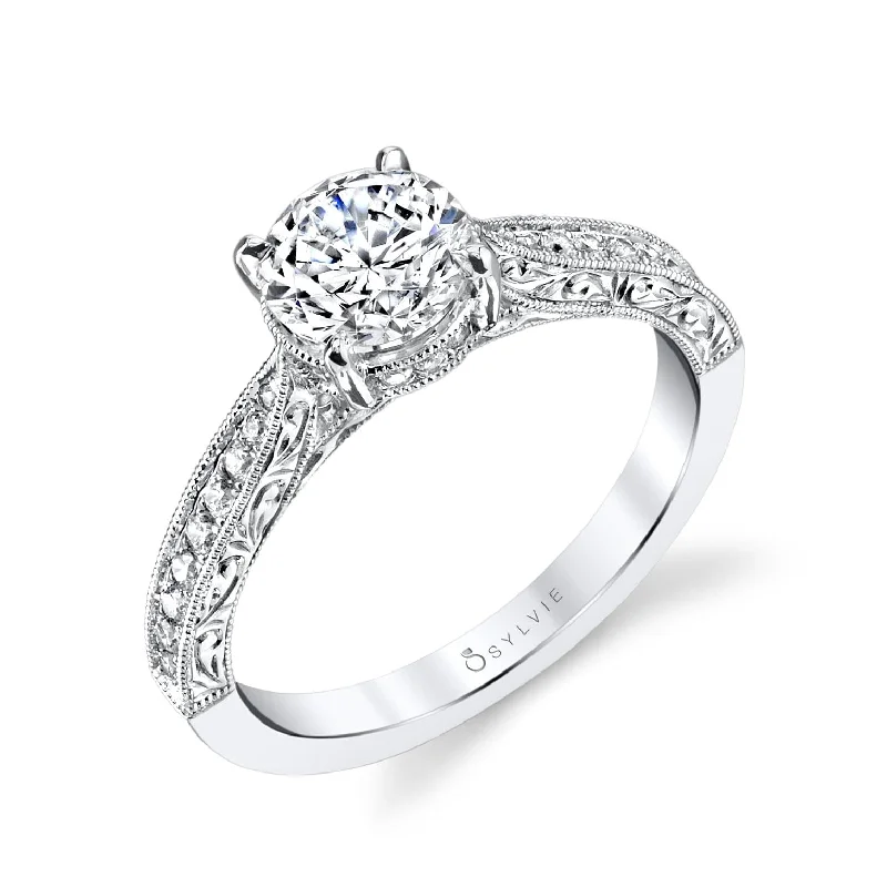 engagement-diamond-three-stone-ring-Sylvie Collection 14K White Gold Round Engagement Ring Setting