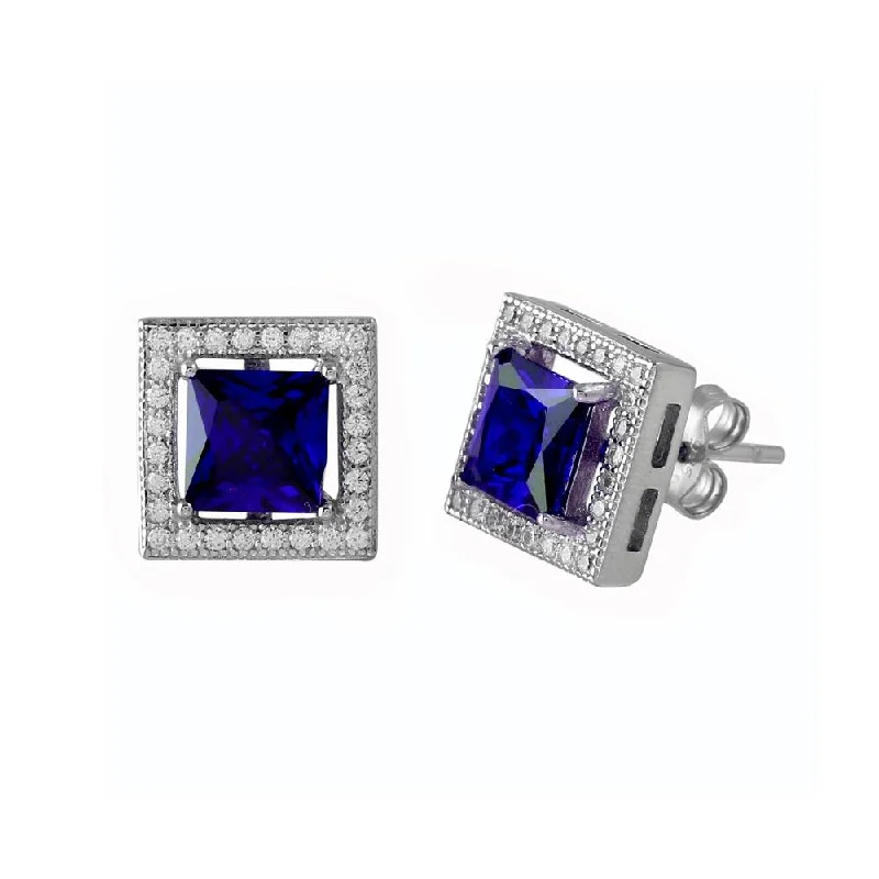 ladies-drop-crystal-earrings-Rhodium Plated 925 Sterling Silver Blue Halo Square CZ Stud Earrings - BGE00632BLU