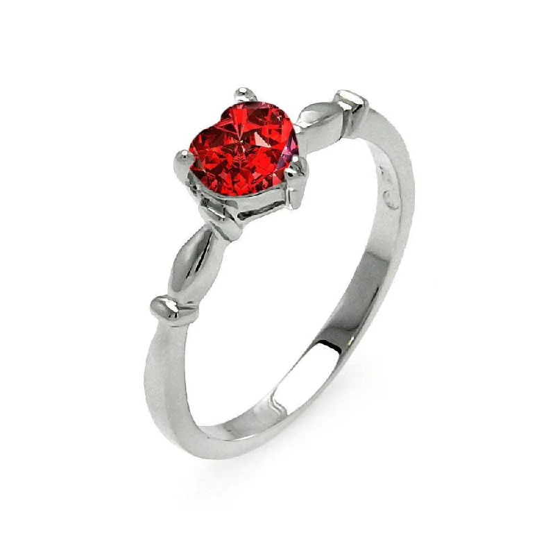 ladies ring rich malachite-Rhodium Plated 925 Sterling Silver CZ Heart Red January Ring - BGR00521JAN