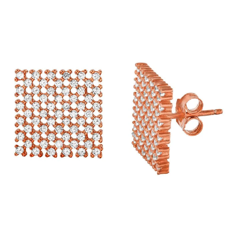 ladies-gemstone-stud-earrings-Silver 925 Rose Gold Plated Large Checkered CZ Stud Earrings - ACE00080RGP