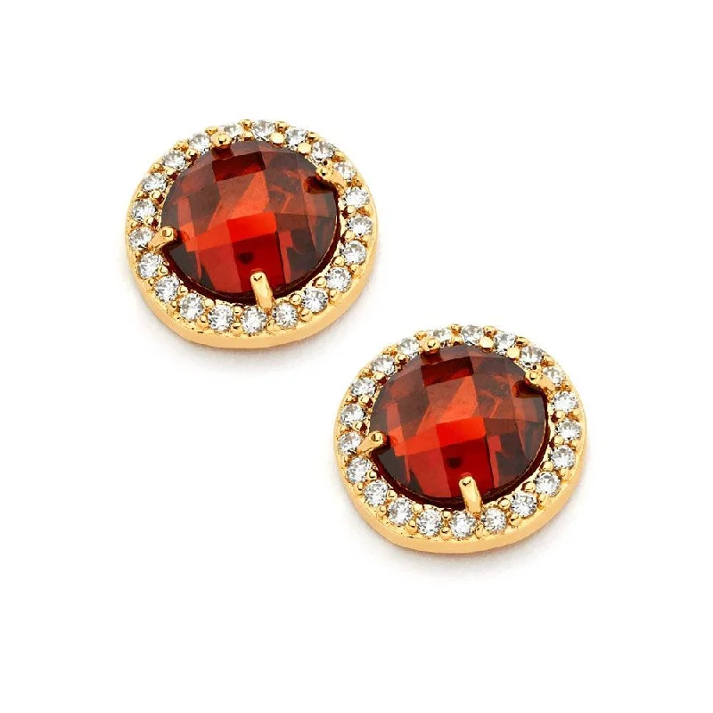 ladies-drop-pearl-earrings-Silver 925 Gold Plated Red Center Clear Outline CZ Stud Earrings - BGE00360R