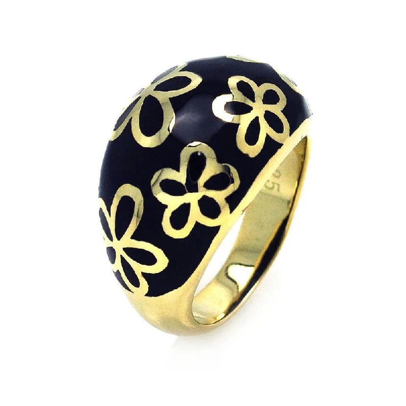 ladies ring feather silhouette-Clearance-Silver 925 Gold Plated Black Enamel Flower Dome Ring - STR00663