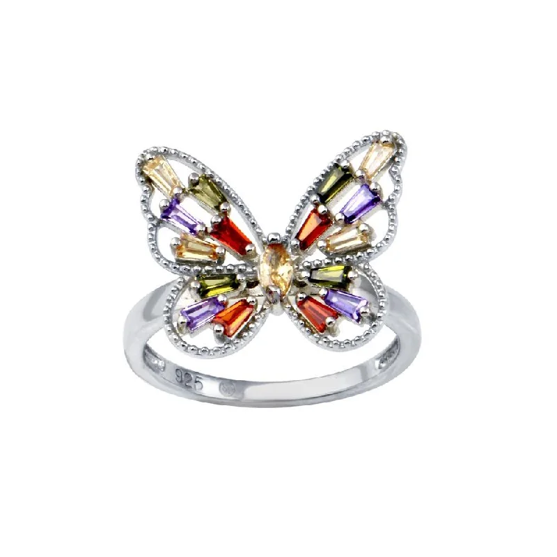 ladies ring lush aventurine-Rhodium Plated 925 Sterling Silver Multi Color Baguette CZ Butterfly Ring - BGR01345