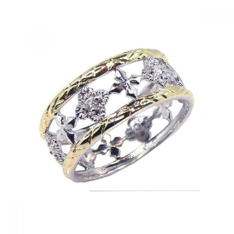 ladies ring celestial starburst-Clearance-Silver 925 Rhodium and Gold Plated Border CZ Flower Cross Ring - STR00331