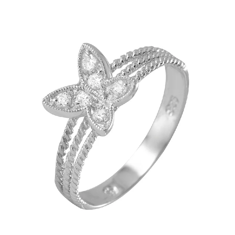 ladies ring nature leaf swirl-Silver 925 Rhodium Plated Butterfly CZ Ring - BGR00954