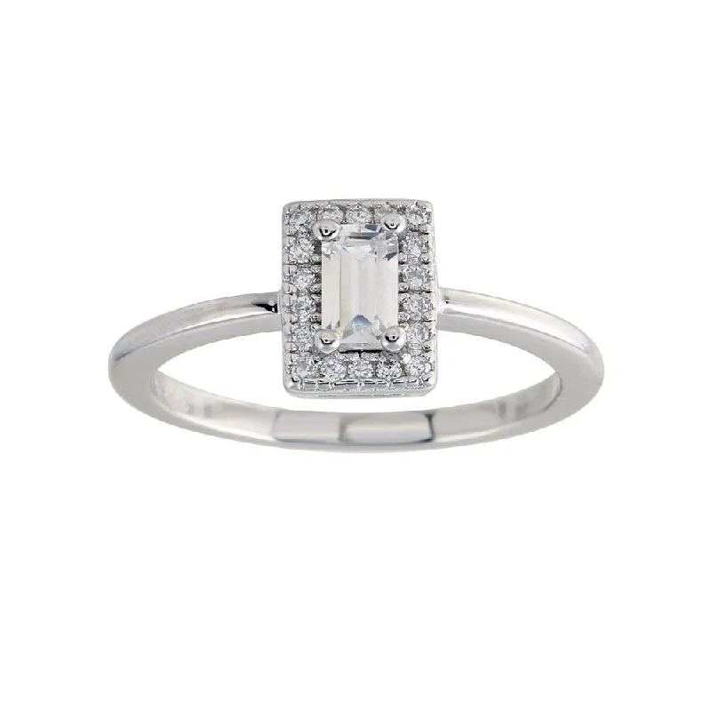 ladies ring zodiac moissanite-Rhodium Plated 925 Sterling Silver Baguette Stone Halo CZ Ring - BGR01275