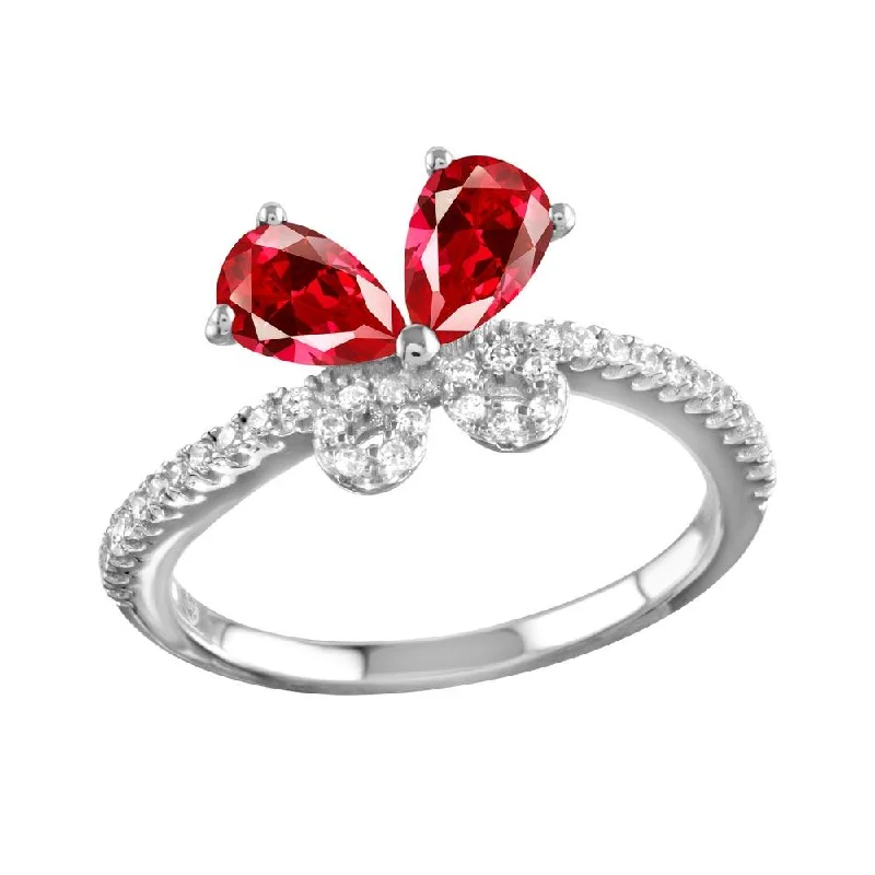 ladies ring dazzling accent stones-Rhodium Plated 925 Sterling Silver Red Butterfly CZ Ring - BGR01164GAR