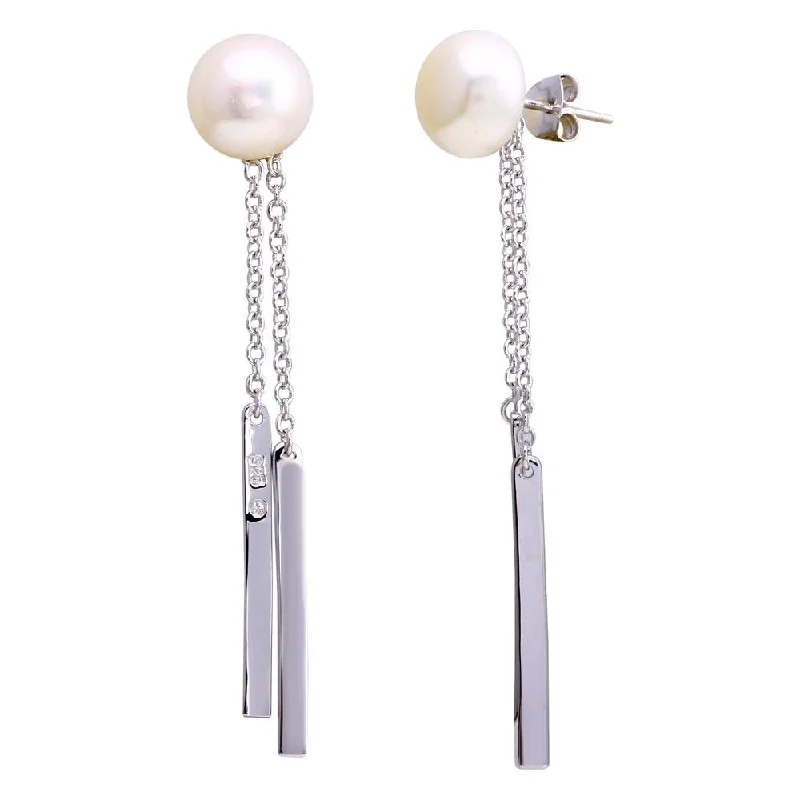 ladies-short-hoop-earrings-Rhodium Plated 925 Sterling Silver Fresh Water Pearl Bar Dangling Earrings - BGE00625