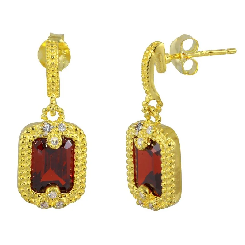 ladies-short-gold-earrings-Gold Plated 925 Sterling Silver Red Rectangle Dangling Earring - BGE00561RED