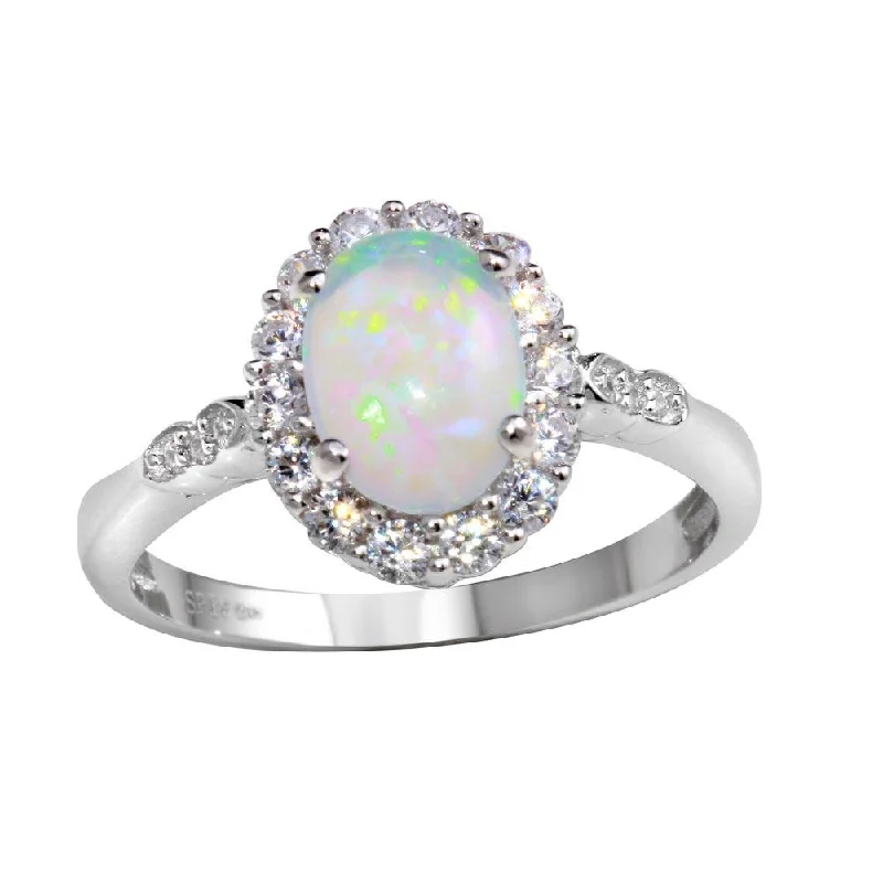 ladies ring rich malachite-Rhodium Plated 925 Sterling Silver Round Synthetic Opal Ring - STR01103