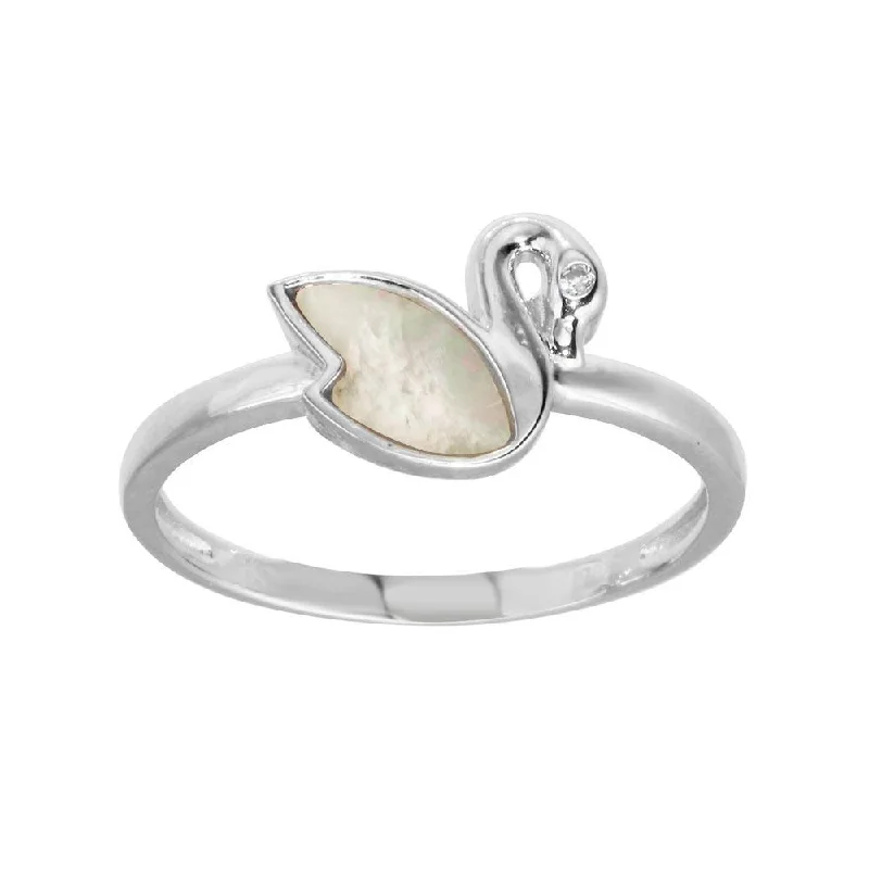 ladies ring mother’s love design-Rhodium Plated 925 Sterling Silver CZ Swan Synthetic Mother of Pearl Ring - GMR00308