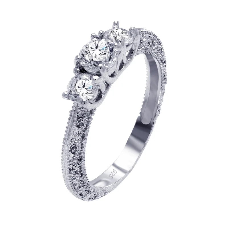 ladies ring shimmering sterling silver-Rhodium Plated 925 Sterling Silver Clear CZ Ornate Past Present Future Bridal Ring - BGR00372