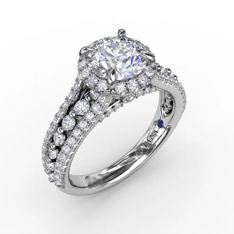 engagement-silver-classic-ring-Classic Round Diamond Halo Engagement Ring With Triple-Row Diamond Band