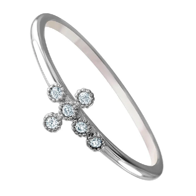 ladies ring smooth moissanite-Silver 925 Rhodium Plated Round Band with CZ Cross Ring - GMR00072