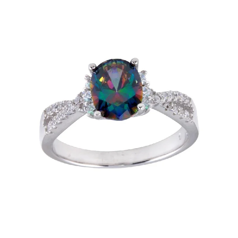 ladies ring zodiac inspired-Rhodium Plated 925 Sterling Silver Oval Solitaire Synthetic Mystic Topaz CZ Band Ring - BGR01248