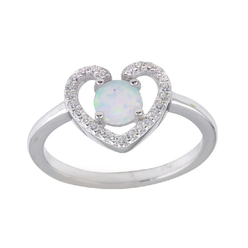 ladies ring cosmic crescent moon-Rhodium Plated 925 Sterling Silver Heart Synthetic Opal Center CZ Ring - BGR01256