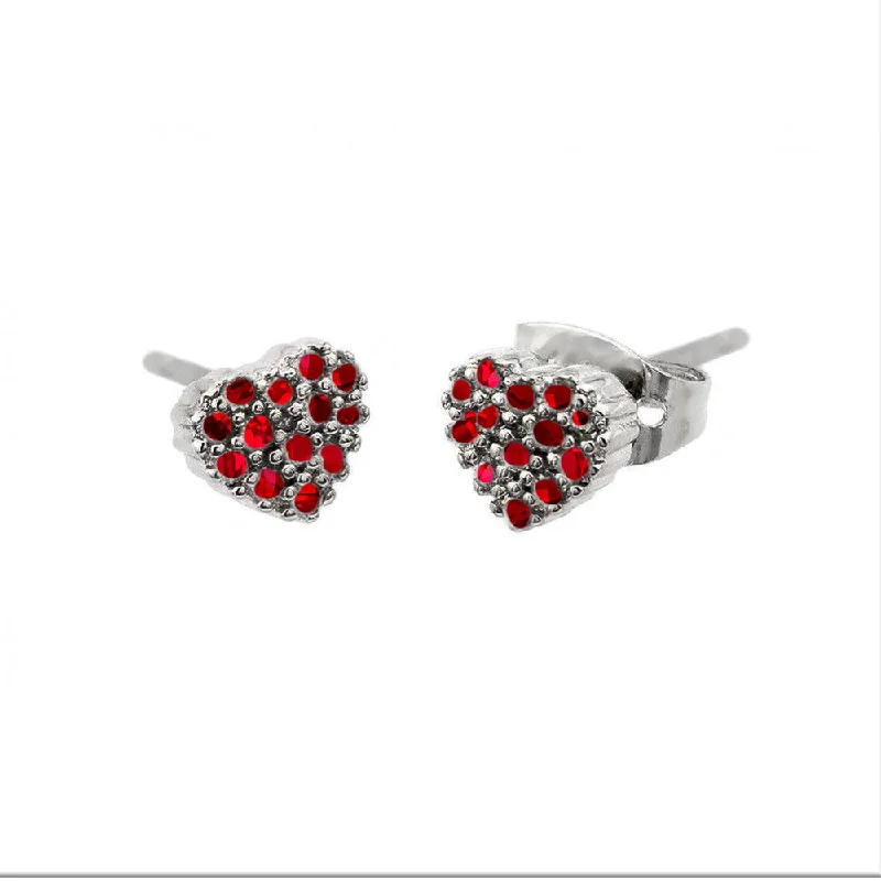 ladies-beaded-diamond-earrings-Silver 925 Rhodium Plated Red Heart Black Prongs CZ Stud Earrings - STE00884RED