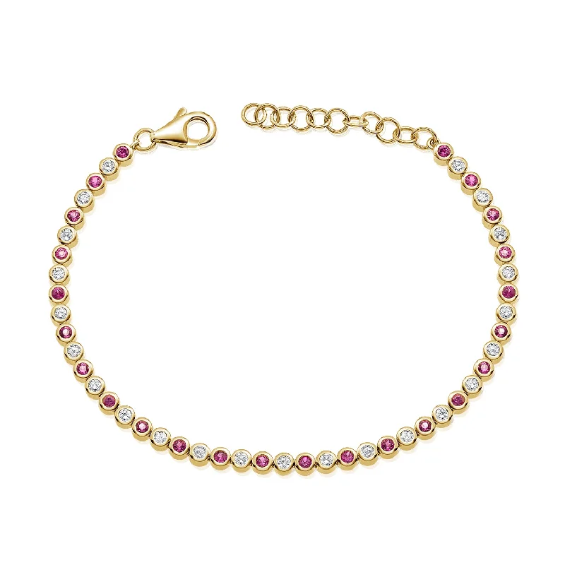 Ladies bracelets smooth edges -Elegant 14K Gold Tennis Bracelet with Pink Sapphires and Diamonds