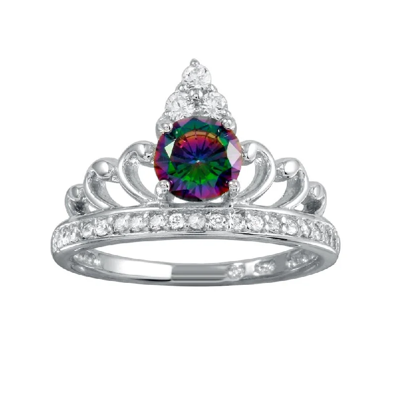 ladies ring unique vine pattern-Rhodium Plated 925 Sterling Silver Crown Synthetic Mystic Topaz CZ Ring - BGR01267