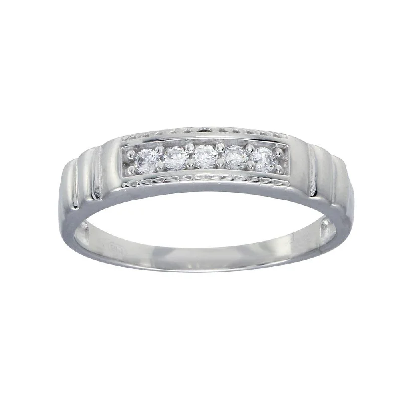 ladies ring timeless heart accent-Rhodium Plated 925 Sterling Silver Round CZ Stone Bordered Ring - GMR00288