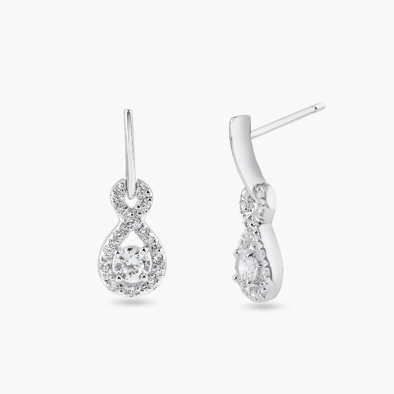 ladies-vintage-silver-earrings-Silver 925 Rhodium Plated Ribbon CZ Dangling Stud Earrings - BGE00222