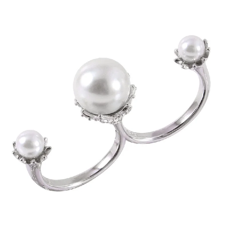 ladies ring chic crossover-Silver 925 Rhodium Plated Two Finger Open Ring with 3 White Synthetic Pearls - BGR00981