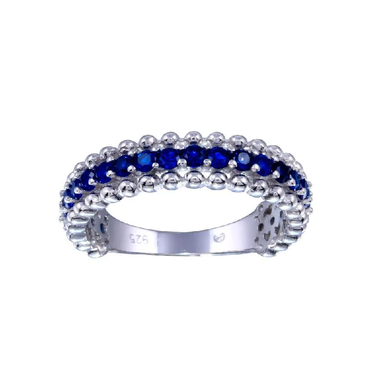 ladies ring personalized date detail-Rhodium Plated 925 Sterling Silver Blue CZ Ring - BGR01318BLU