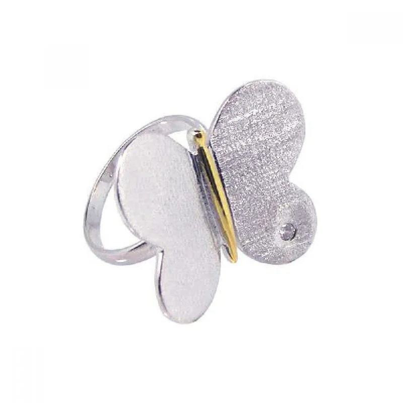 ladies ring shimmering sterling silver-Clearance-Silver 925 Rhodium and Gold Plated CZ Butterfly Ring - STR00382