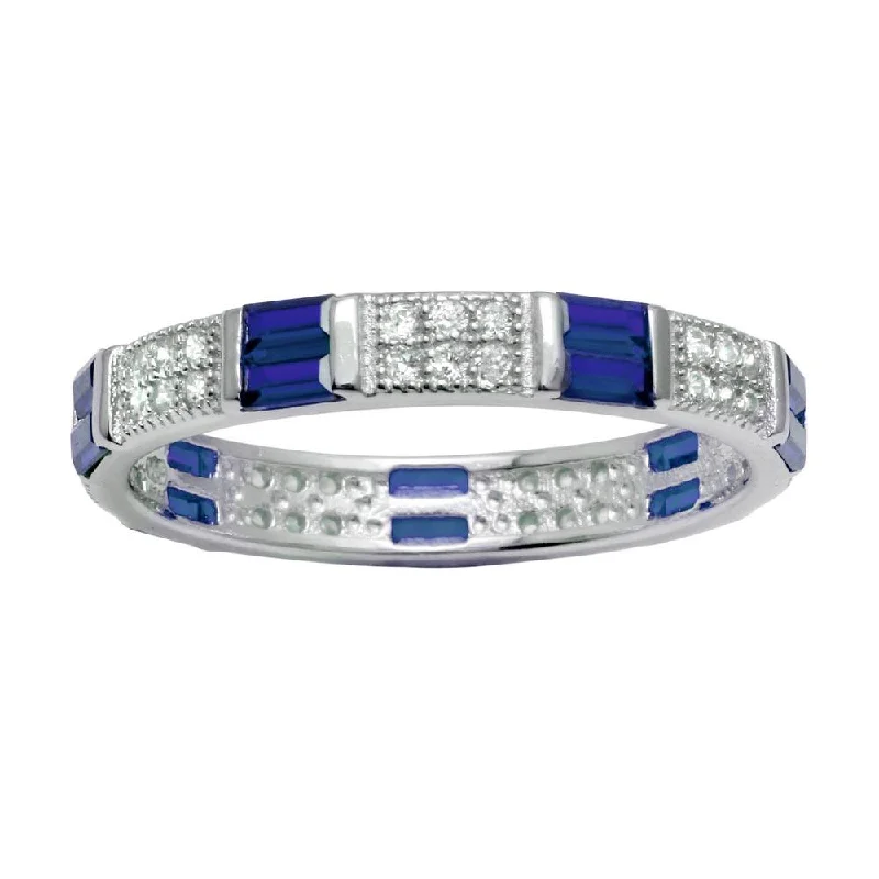 ladies ring polished lab diamond-Rhodium Plated 925 Sterling Silver Pattern Eternity Ring with Blue and Clear CZ - BGR01177BLU