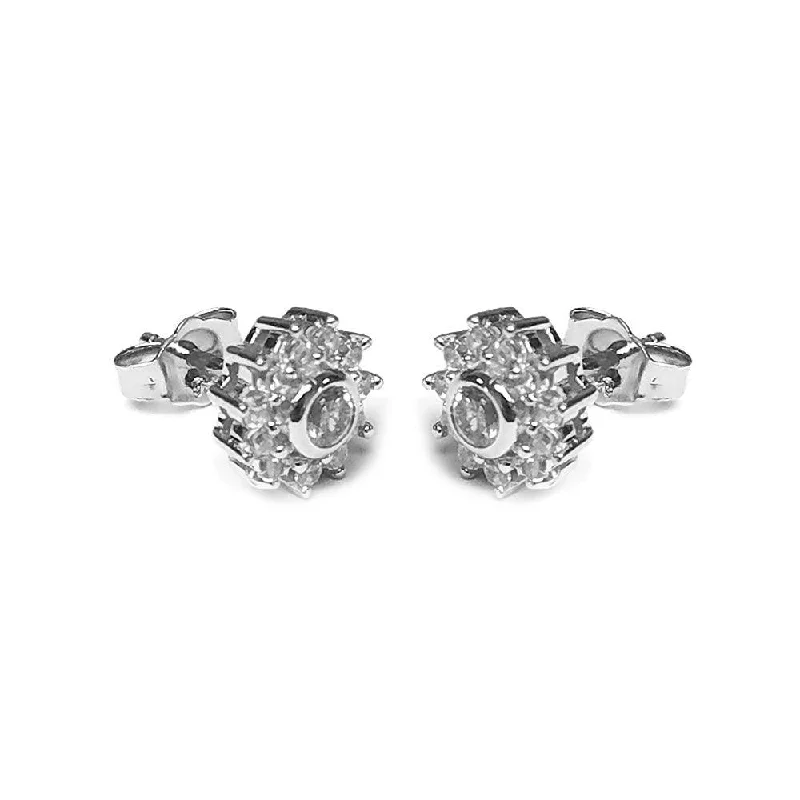 ladies-beaded-rose-gold-earrings-Silver 925 Rhodium Plated Micro Pave Clear Flower CZ Stud Post Earrings - ACE00022